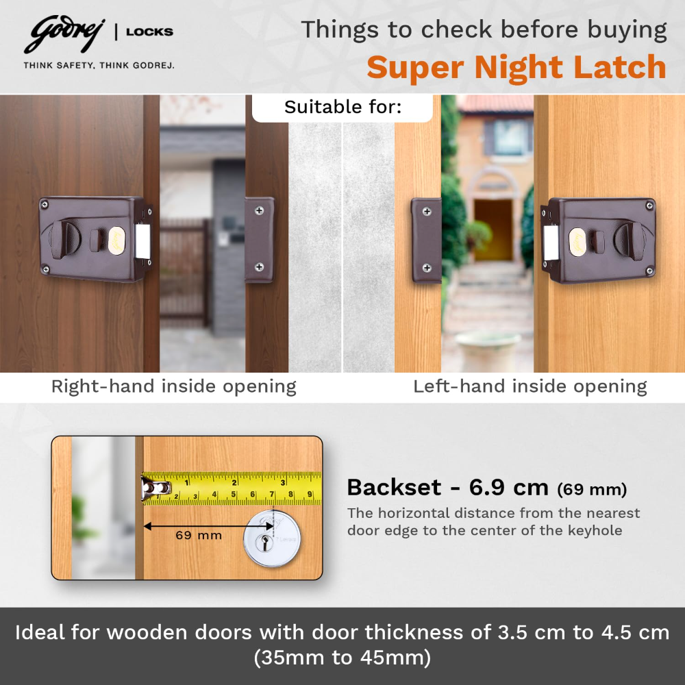 Godrej Rim Lock l Night Latch I 1CK Latchbolt l for Inside Opening Main & Safety Door I Left or Right-Handed Doors l 3 Keys l 5-Year Warranty l Textured Brown